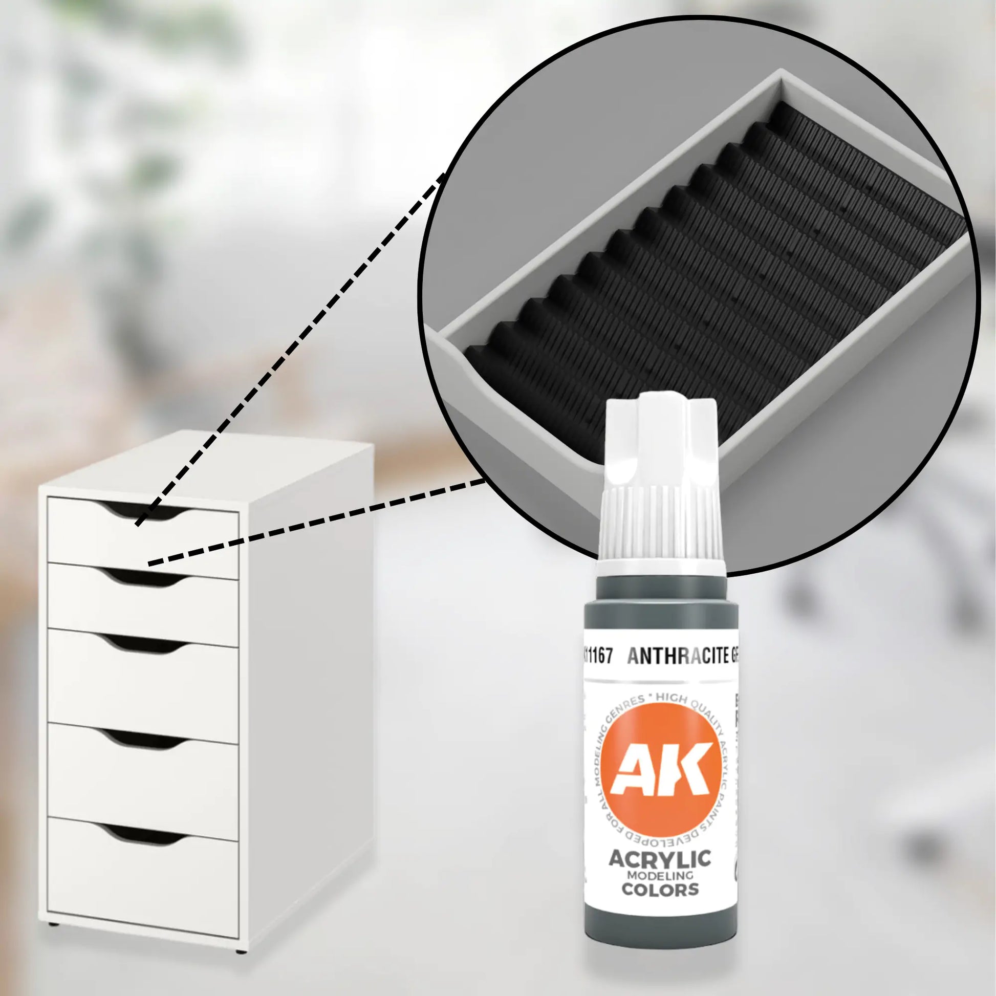 black custom drawer organizer for ikea alex 5-drawer with closeup of the insert and Ak-interactive acrylic paints.