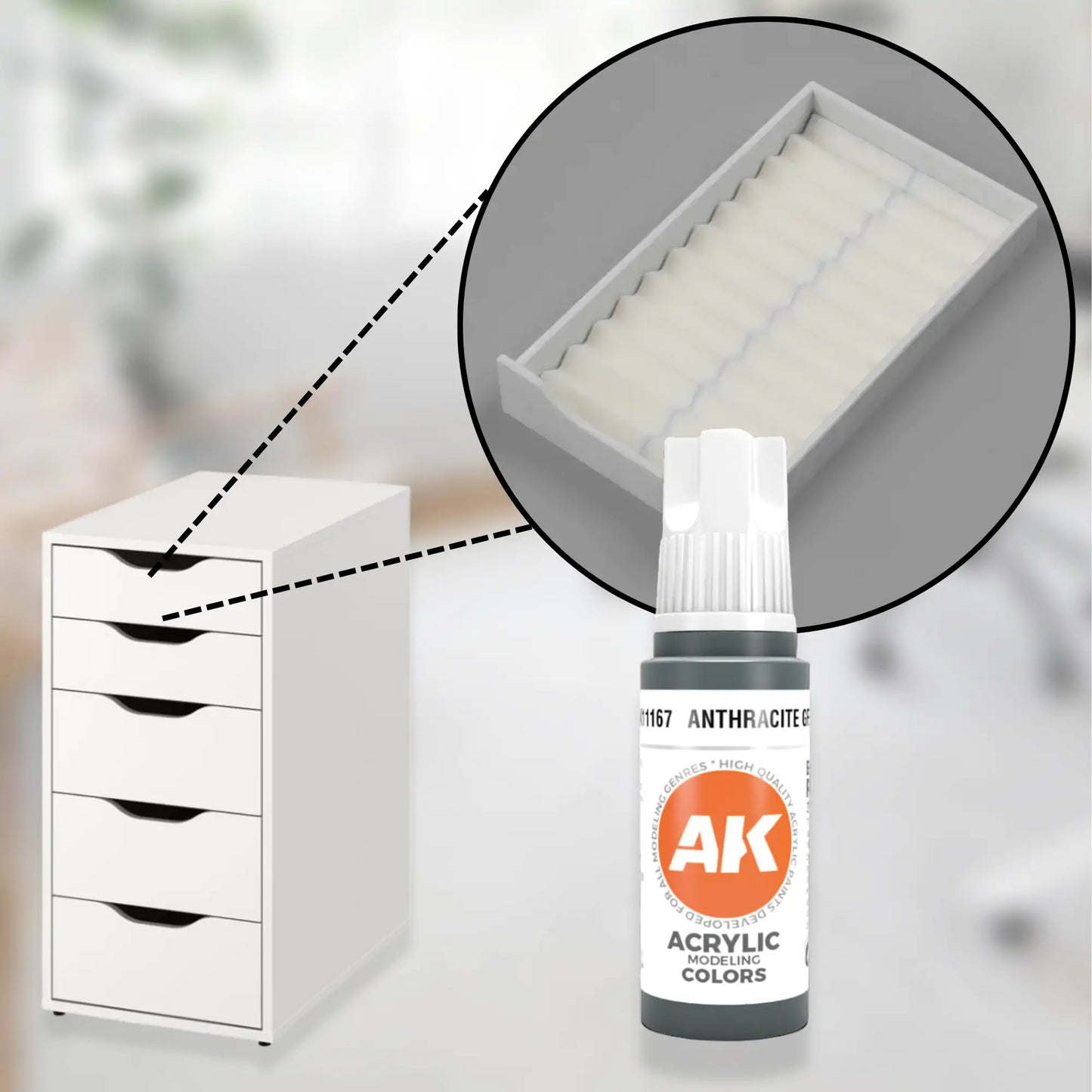 white custom drawer organizer for ikea alex 5-drawer with closeup of the insert and ak-interactive acrylic paints.