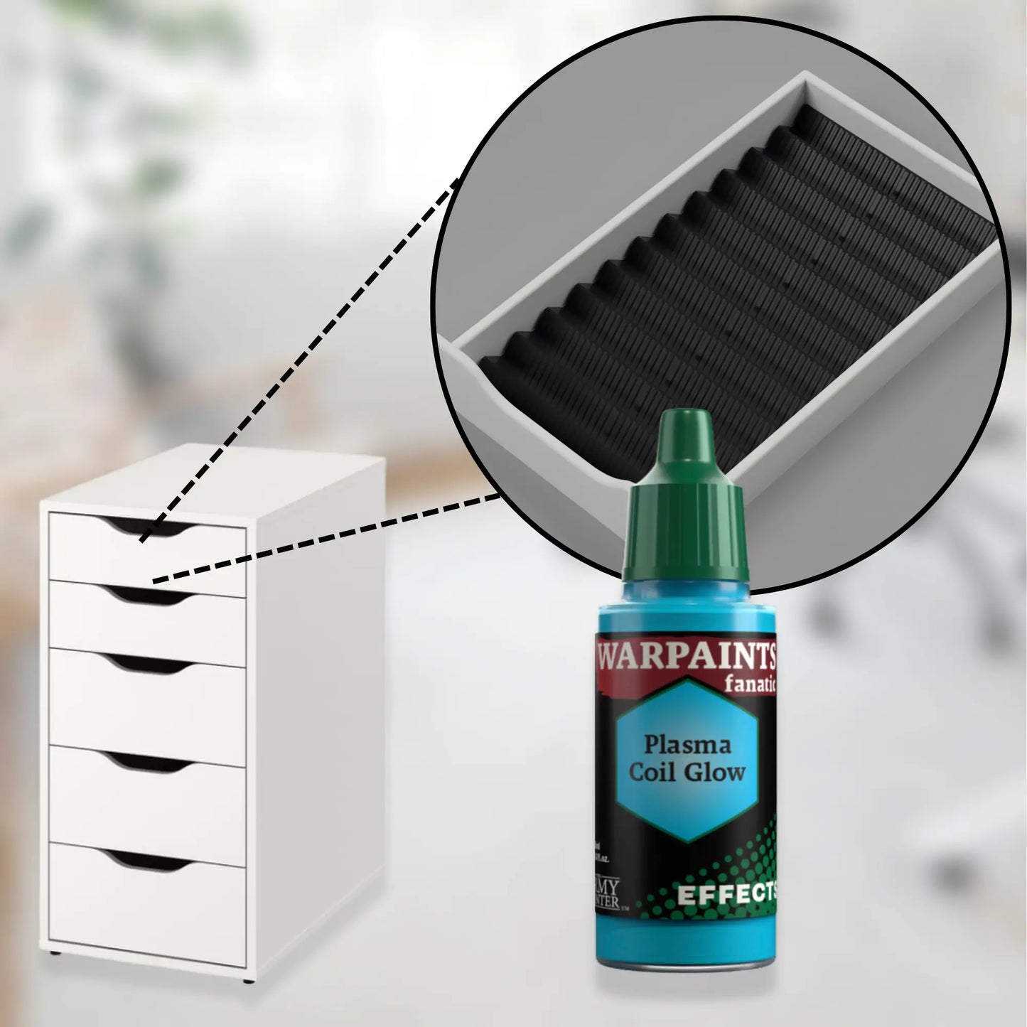 black custom drawer organizer for ikea alex 5-drawer with closeup of the insert and army painter acrylic paints.