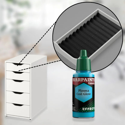 black custom drawer organizer for ikea alex 5-drawer with closeup of the insert and army painter acrylic paints.