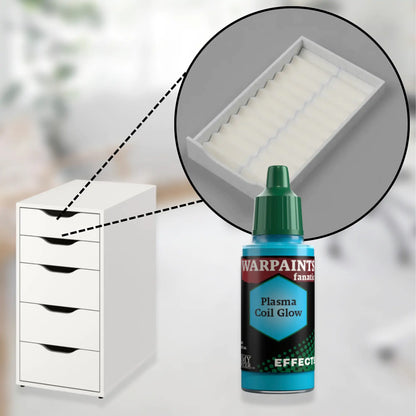 white custom drawer organizer for ikea alex 5-drawer with closeup of the insert and army painter acrylic paints.