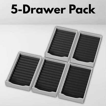 black custom drawer organizer for ikea alex 5-drawer bulk version showing 5 drawers filled with inserts