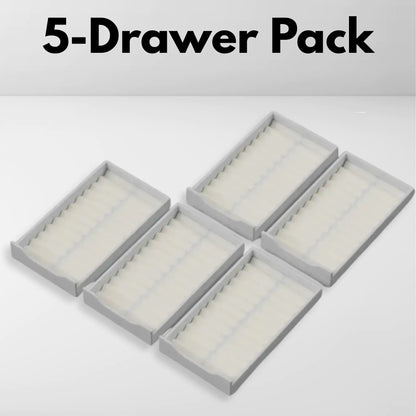 white custom drawer organizer for ikea alex 5-drawer bulk version showing 5 drawers filled with inserts
