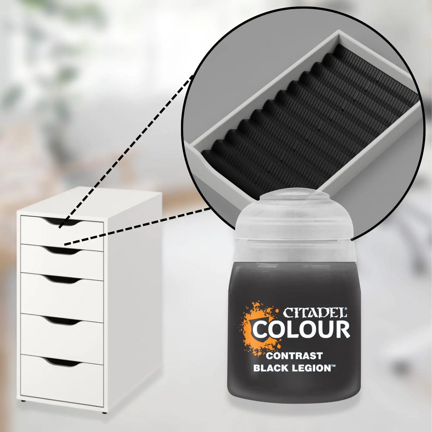 black custom drawer organizer for ikea alex 5-drawer with closeup of the insert and citadel acrylic paints. 