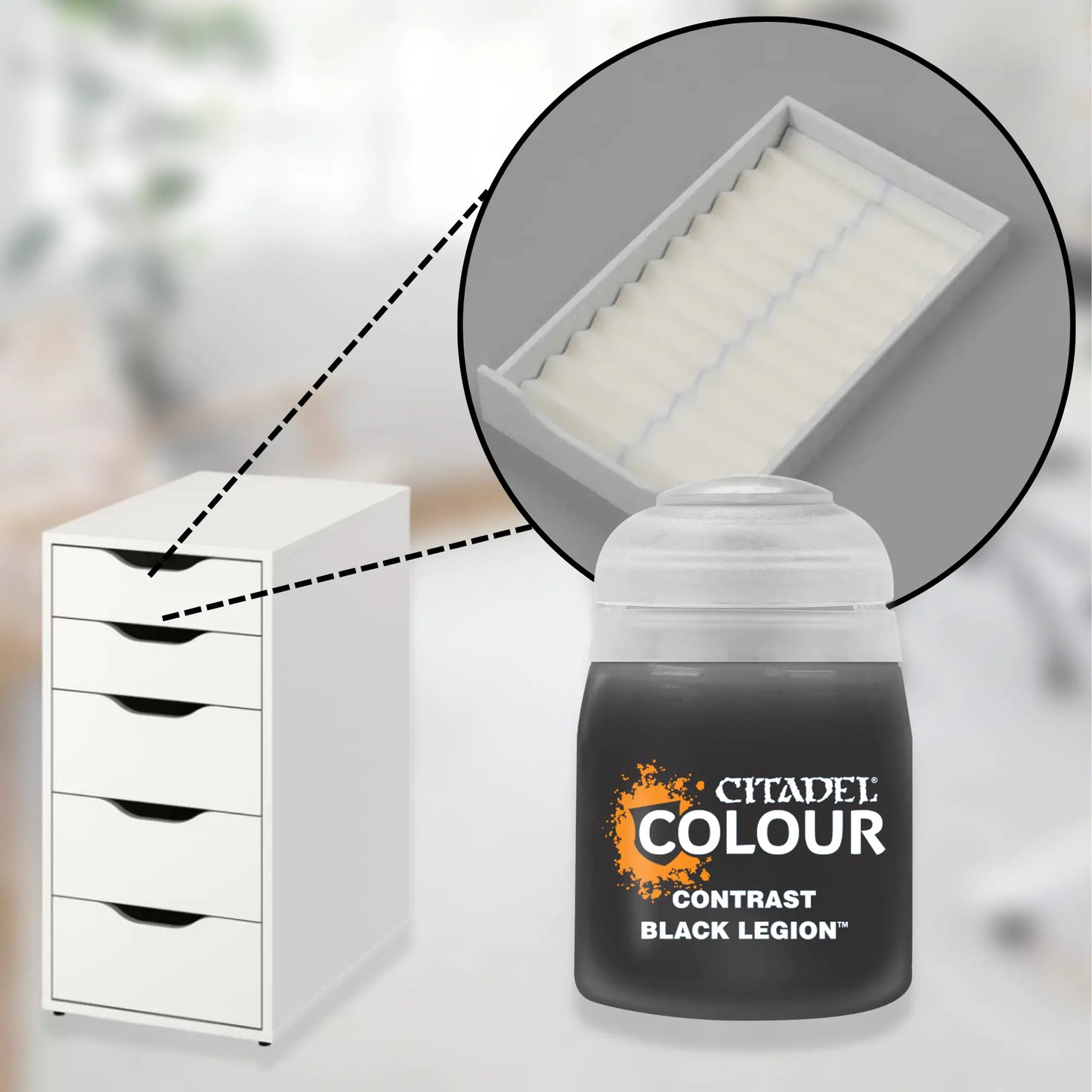 white custom drawer organizer for ikea alex 5-drawer with closeup of the insert and citadel acrylic paints.