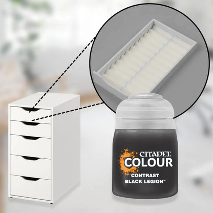 white custom drawer organizer for ikea alex 5-drawer with closeup of the insert and citadel acrylic paints.