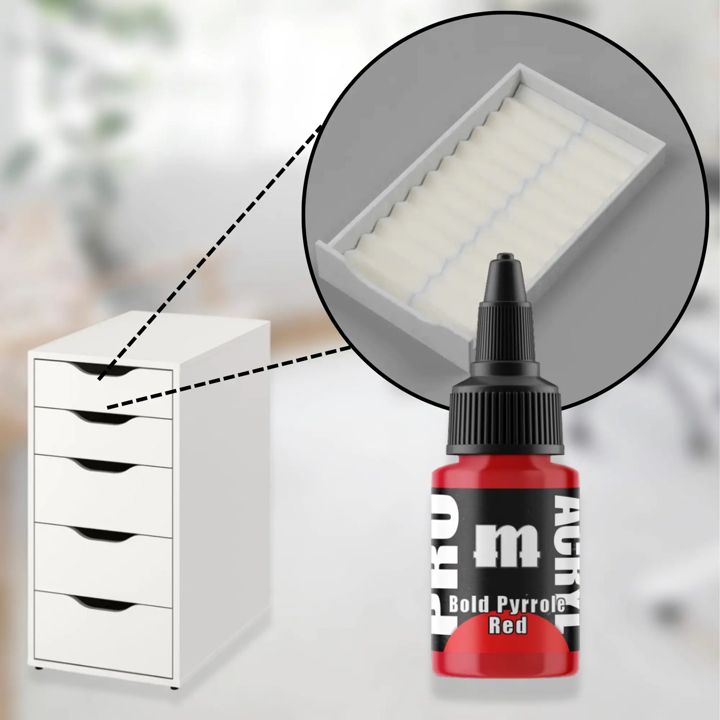 white custom drawer organizer for ikea alex 5-drawer with closeup of the insert and pro acryl acrylic paints.