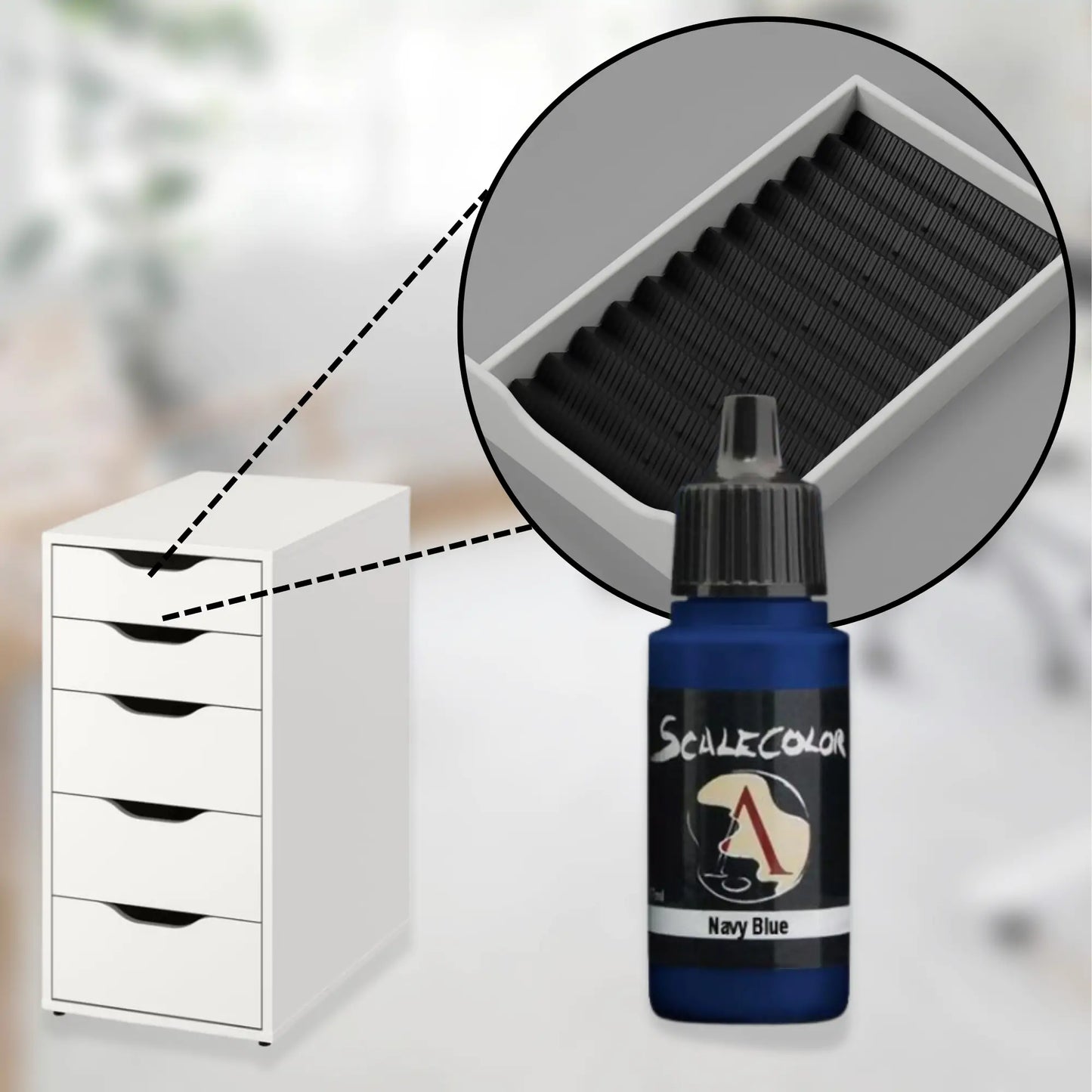 black custom drawer organizer for ikea alex 5-drawer with closeup of the insert and scale75 acrylic paints.