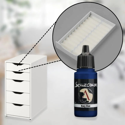 white custom drawer organizer for ikea alex 5-drawer with closeup of the insert and scale75 acrylic paints.