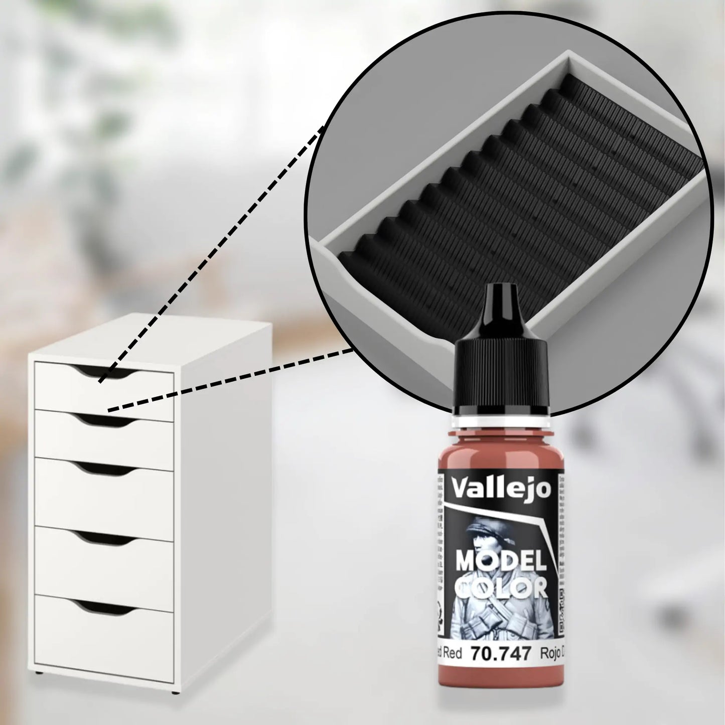 black custom drawer organizer for ikea alex 5-drawer with closeup of the insert and vallejo acrylic paints.