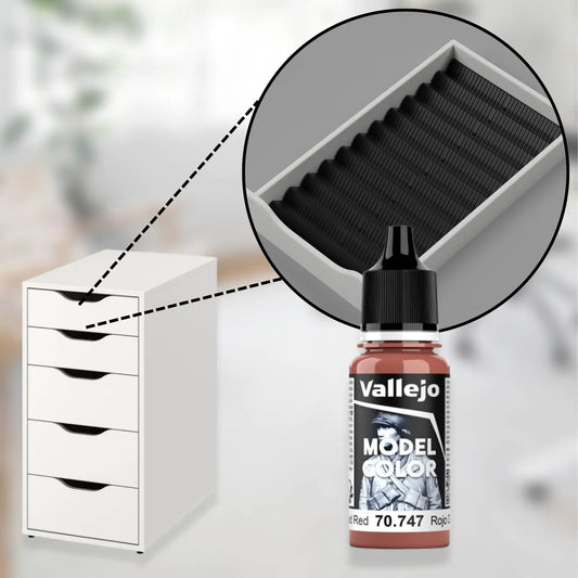 black custom drawer organizer for ikea alex 5-drawer with closeup of the insert and vallejo acrylic paints.