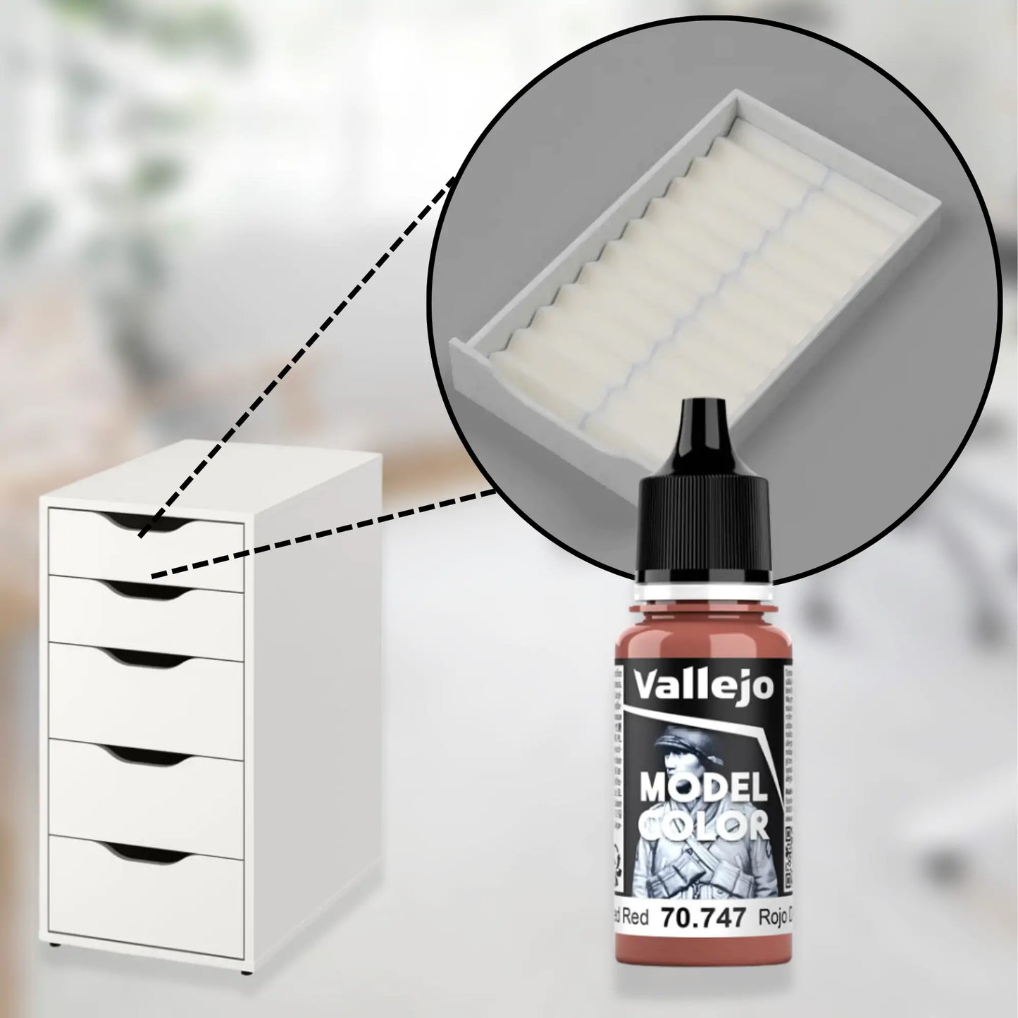 white custom drawer organizer for ikea alex 5-drawer with closeup of the insert and vallejo acrylic paints.
