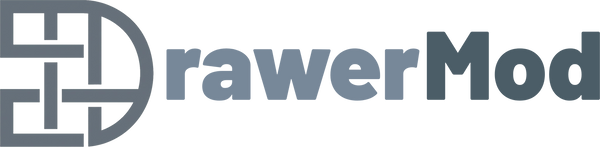 DrawerMod official horizontal website header banner featuring the geometric monogram logo icon on the left integrated into the brand text on a transparent background.